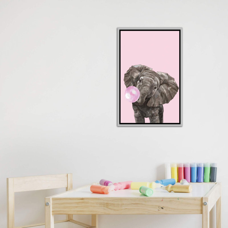 Art d’éléphant de gomme à bulles, H 60 po x l 40po x P 1,5 po, Toile avec cadre argenté