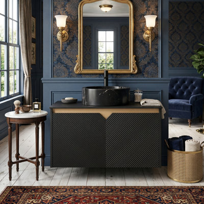 Meuble-lavabo flottant 36 po avec plateau en pierre frittée noire, portes en sergé géométrique et garniture dorée, 4 options de lavabo vasque (noir)