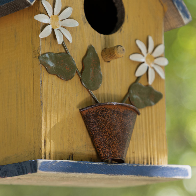 Maison d'oiseaux en bois massif délavé avec abeilles et fleurs, jaune délavé, H 12,25 po