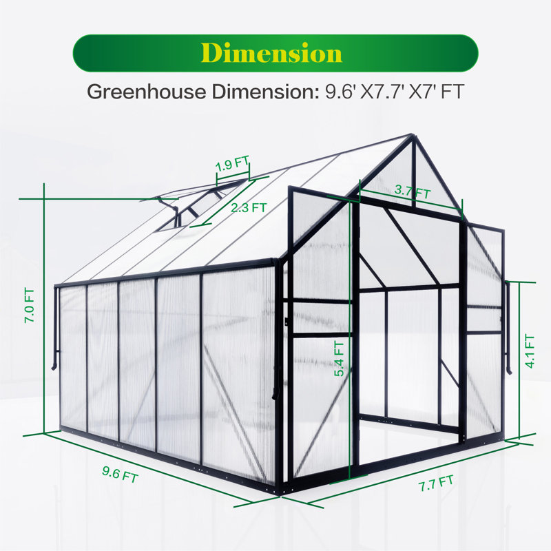 Serre de 8 x 10 pi pour l'extérieur, serre en polycarbonate avec évent de toit réglable et gouttière, grande serre en aluminium avec structure à installation rapide pour le patio extérieur du jardin