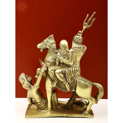 8" Brass Shiva Parvati Sitting on Horse Statue – Handcrafted Durable Alloy | Artistic Hindu Home Décor