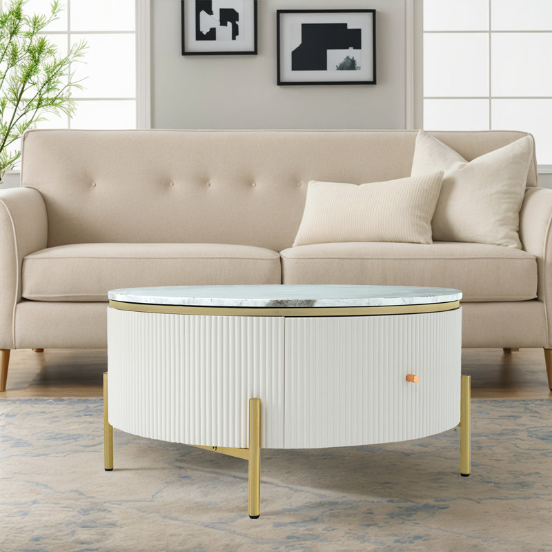 Round Coffee Table With 2 Drawers, Off White