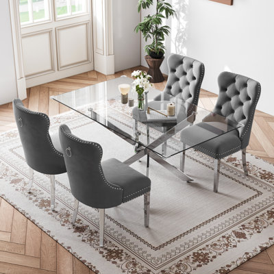 5-Piece Rectangular Glass Dining Set, 63" Modern Tempered Glass Dining Table With Velvet Upholstered Seats