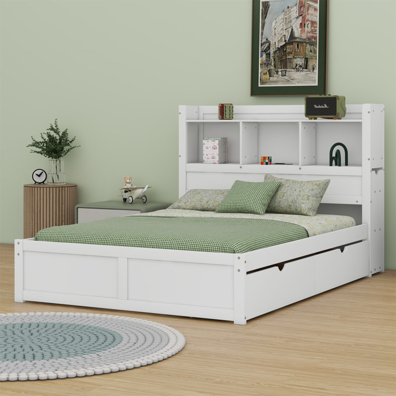 Lit plateforme avec rangement et tablettes coulissantes, lit gigogne et 2 tiroirs, Blanc