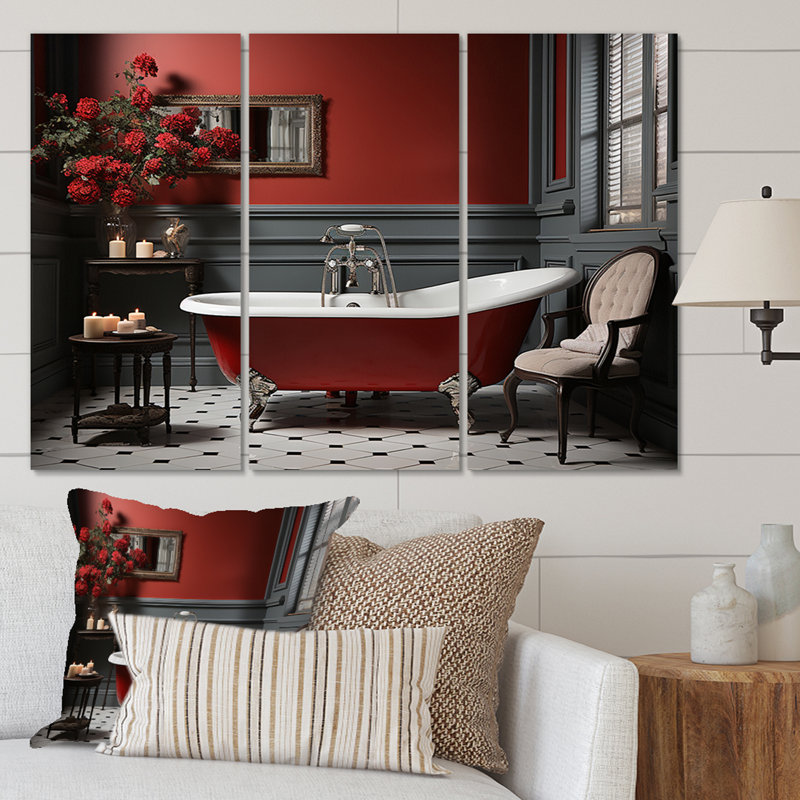 «Red Modern Bathroom Charm III», reproduction sur toile 3 pièces, H 32 po x l 48 po x P 1 po