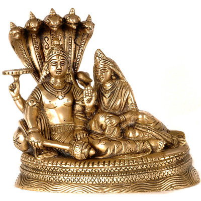 Brass Lord Vishnu & Lakshmi on Sheshnag Statue, 6 in. Tabletop     Hindu Mythological Sculpture for Home Altar & Meditation Room