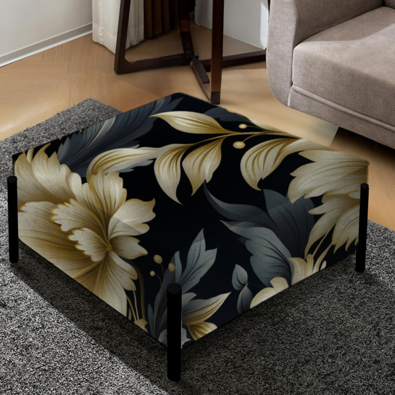 Opulence de fleur damassé noire et beige - Grand repose-pieds carré damassé