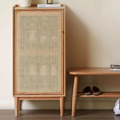 Burlywood+Pale-yellow Solid Wood+Rattan Shoe Storage