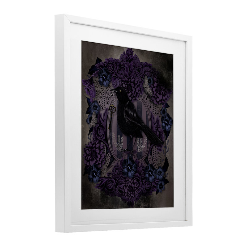 Raven with Gothic Florals, reproduction encadrée sous verre, design par Lori Mosley, H 21 po x l 17 po, Cadre blanc côtier