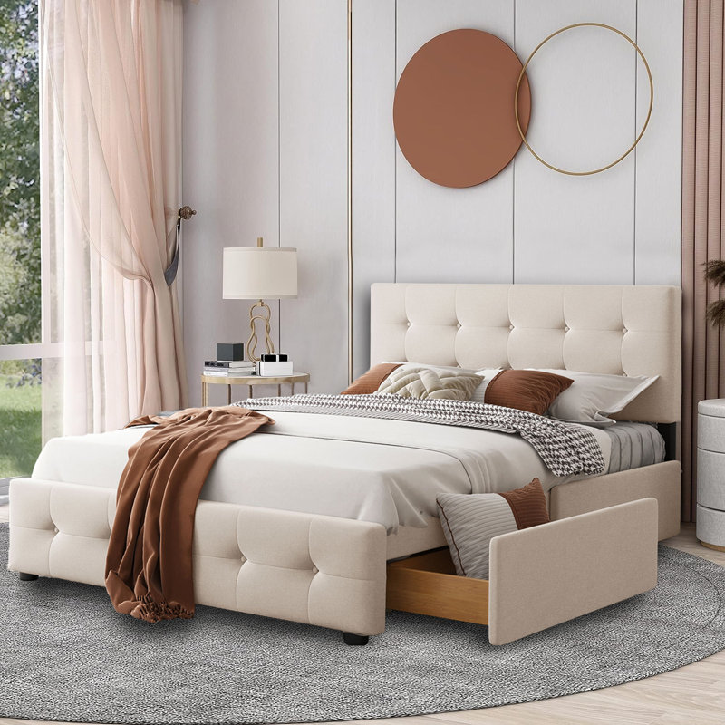 Lit plateforme tapissier Eural avec tête de lit classique et 4 tiroirs, aucun sommier nécessaire, tissu en lin, grand, Beige