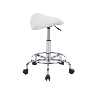 Tabouret ergonomique en forme de selle avec siège en mousse à mémoire de forme, roulettes pivotantes à 360° et hauteur réglable.