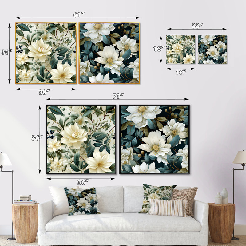 Disalvo - Ensemble de 2 collages floraux carrés, H 16 po x l 33 po, Cadre flottant blanc