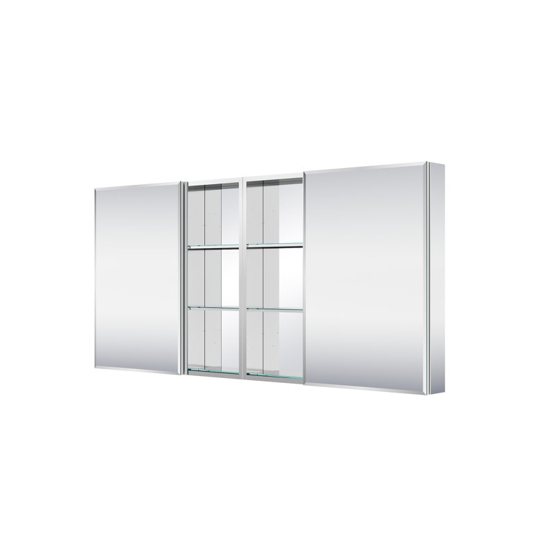 Armoire à pharmacie encastrée ou en saillie en aluminium avec miroir biseauté et tablette ouverte, 122 cm (L) x 76 cm (H).
