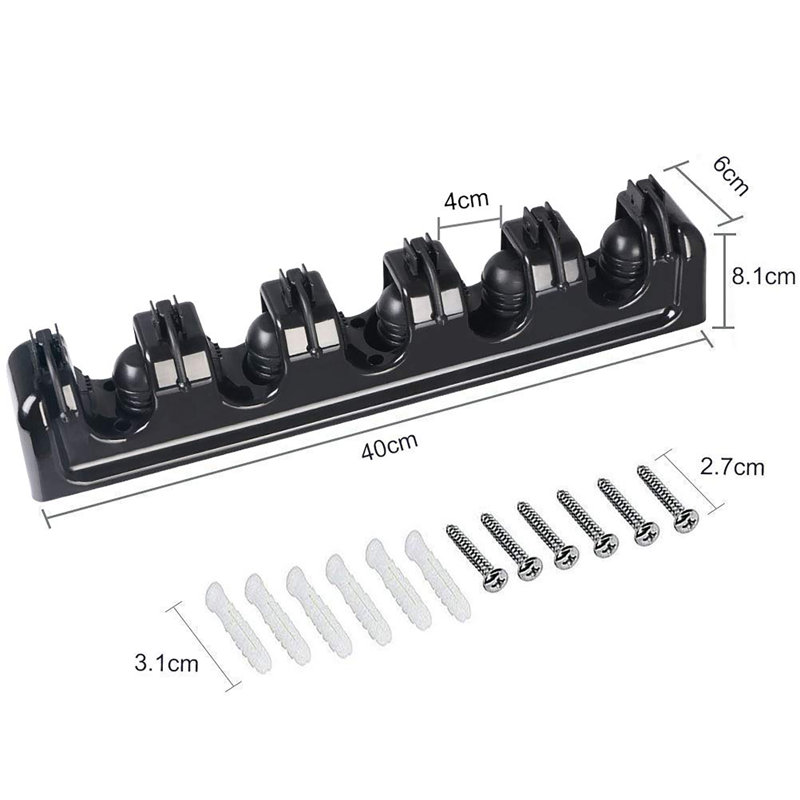 Wall Mounted Organizer with 5 Position 6 Hooks for Broom, Black