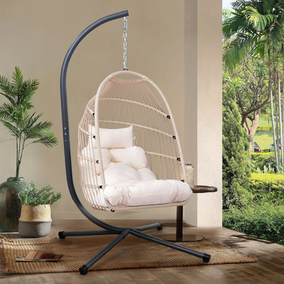 Fauteuil à œufs suspendu pliable avec support et coussin, rotin en PEHD et structure en aluminium-acier robuste, fauteuil à balançoire extérieur en osier avec appui-tête et coussin (beige)