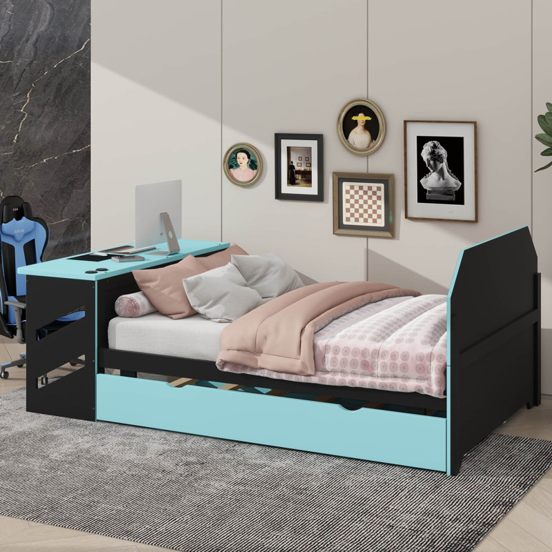 Lit de jour en bois double - Lit gigogne simple, bureau et ports de chargement USB inclus, Bleu nuage
