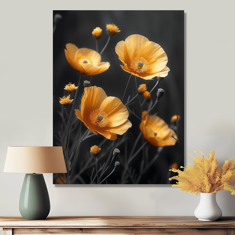 Décoration jaune joyeux coquelicots jaunes et lumineux II - Coquelicots, H 44 po x l 34 po x P 1,5 po, Toile tendue