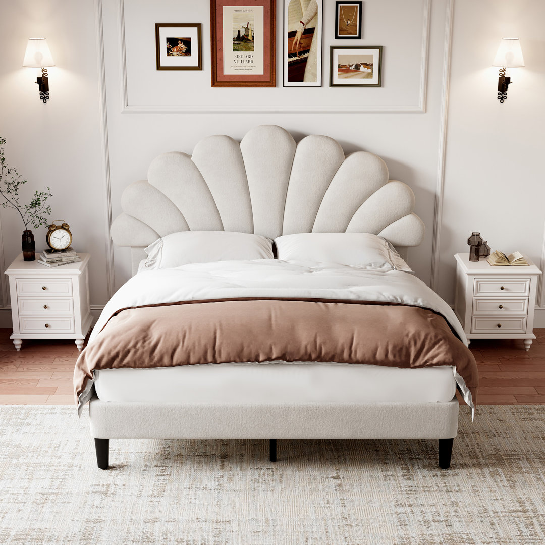Adreon 135*190cm Double Upholstered Velvet Bed Frame, with Adjustable Chic Petal Headboard