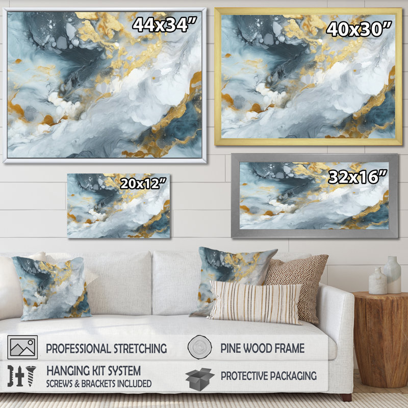 Gris et or, art à l'encre liquide II, art mural fractales, H 30 po x l 40 po x P 1,5 po, Cadre flottant doré