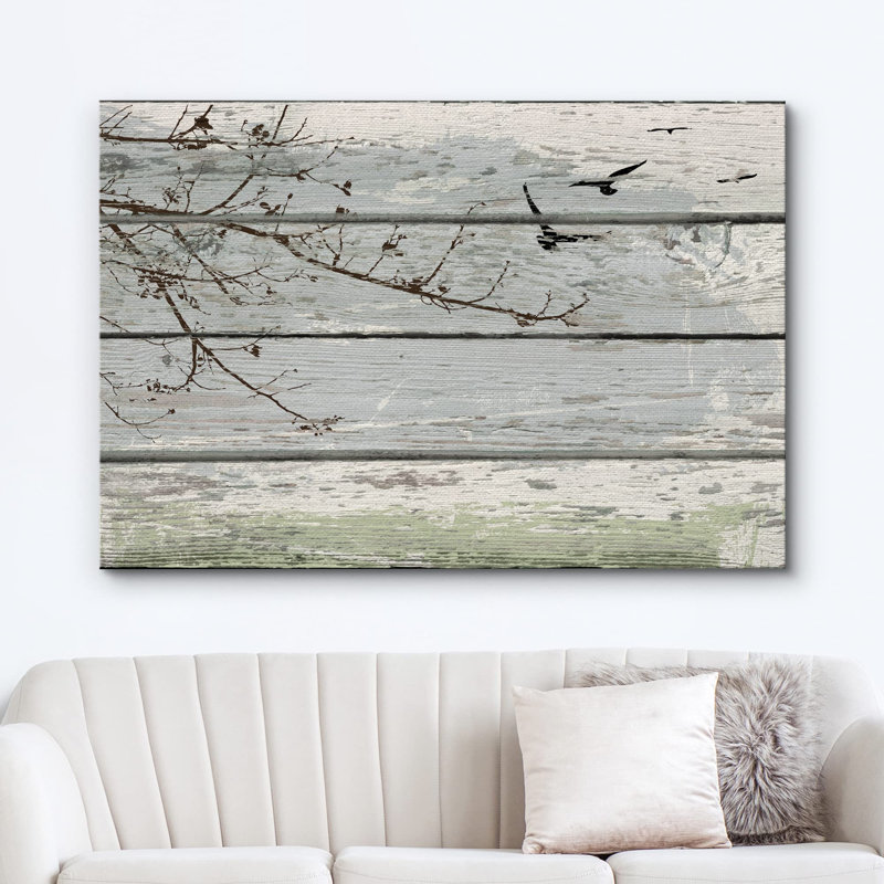 Flying Birds & Tree sur des panneaux effet bois rétro, animaux, nature, illustrations, art moderne, rustique, Toile tendue