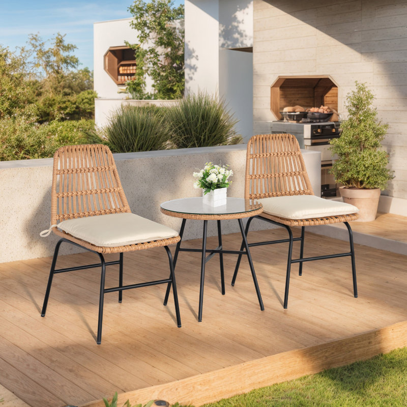 Wicker/Rattan 2 Person Seating Patio Bistro Sets with Cushions, Beige