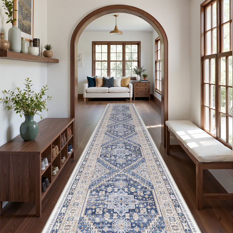 Malaika Machine-Washable Non-Slip Medallion Area Rug, Blue, Runner 2'6" x 16'