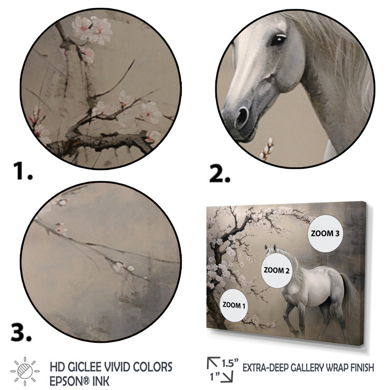 Art asiatique cheval gris II - cheval, décoration murale, H 34 po x l 44 po x P 1,5 po, Toile tendue