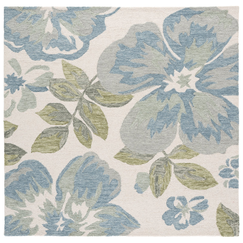 Laine touffetée à la main Jardin; Tapis d'intérieur floral en coton, Carré 6 pi