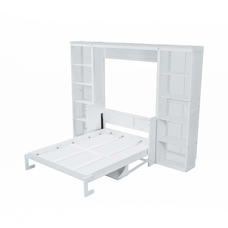 Lit escamotable en pin massif blanc avec bureau pliable et rangement pour bibliothèque, armoire de lit murale peu encombrante avec support en lattes de bois pour le bureau à domicile ou la chambre d'amis