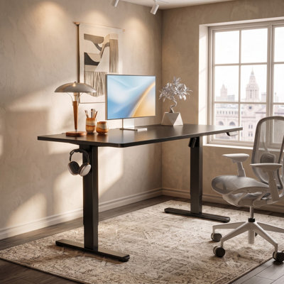 Bureau assis-debout électrique réglable en hauteur avec gestion des câbles, positions mémorisables et crochet, noir