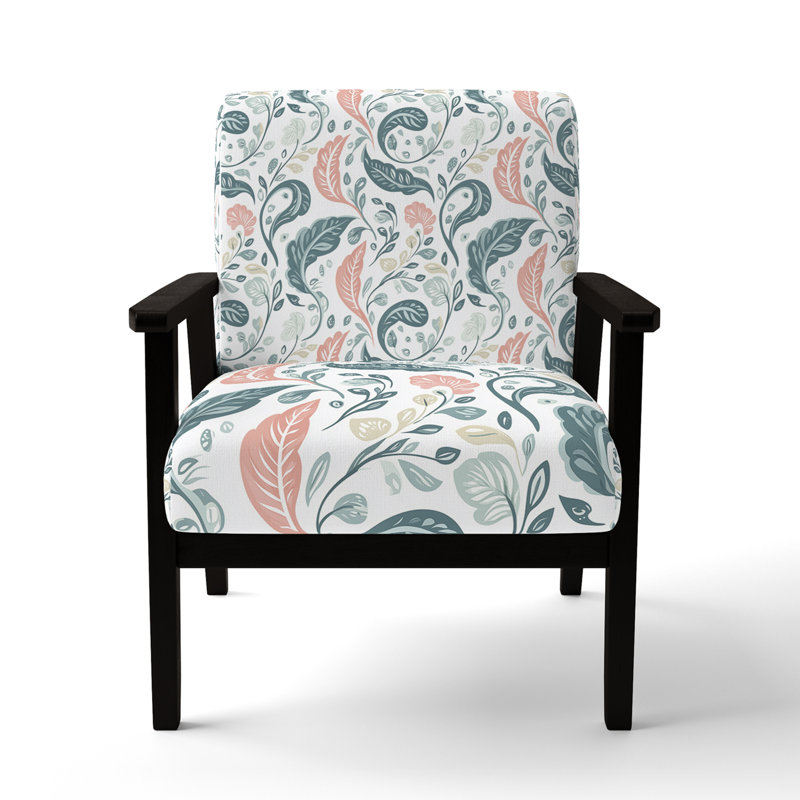 Chaise rembourrée Boho - Fauteuil à motif cachemire botanique orange, Accoudoirs carrés noirs