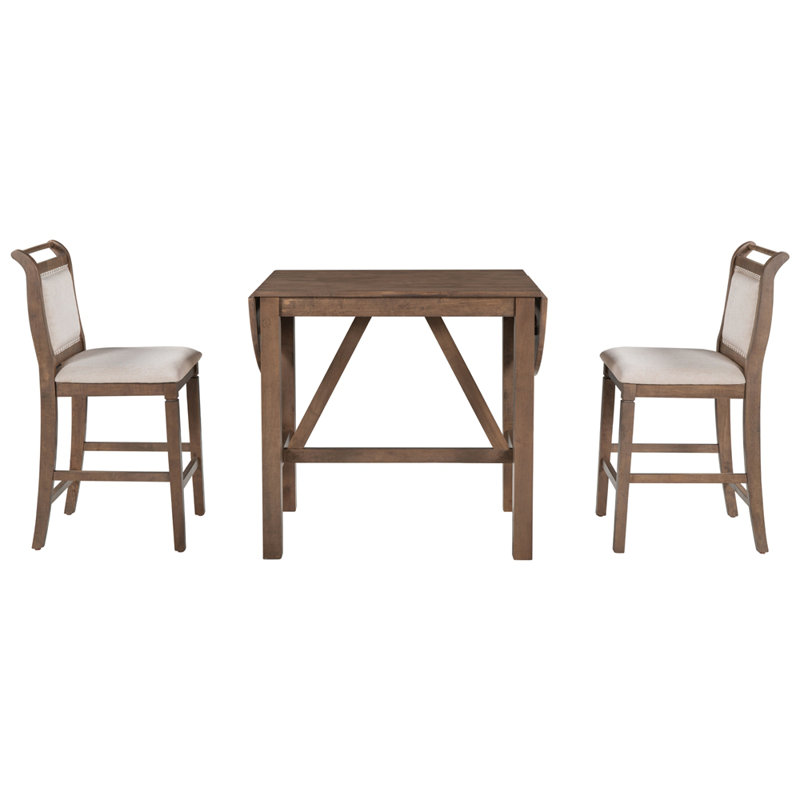 Ensemble de table de salle à manger à hauteur de comptoir en bois 3 pièces avec 2 chaises rembourrées, Brun