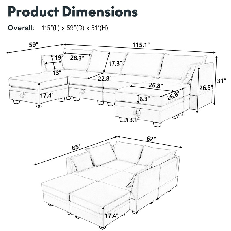 Canapé modulaire en U avec fonction de rangement Deneva, Mélange de lin beige