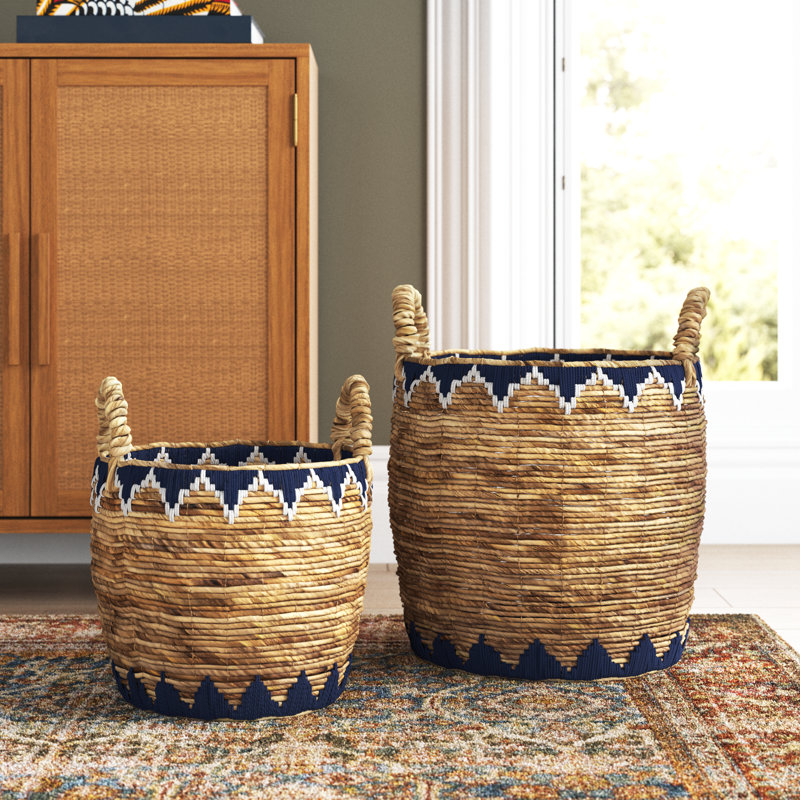 Handmade Round Wicker Storage Baskets with Handles - Set of 2