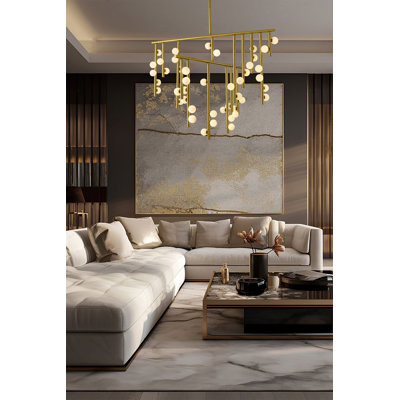 44-Light Gold Metal Chandelier With White Glass Ball Shades