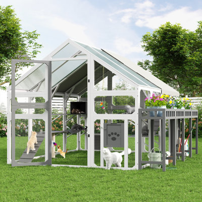 Large Outdoor Cat House with Planter Stand, Wooden Cat Enclosure with Resting Boxes for Multiple Kittens, Hanging Bridge, Platforms,Walk-In Catio Cage  with Waterproof Proof Cover