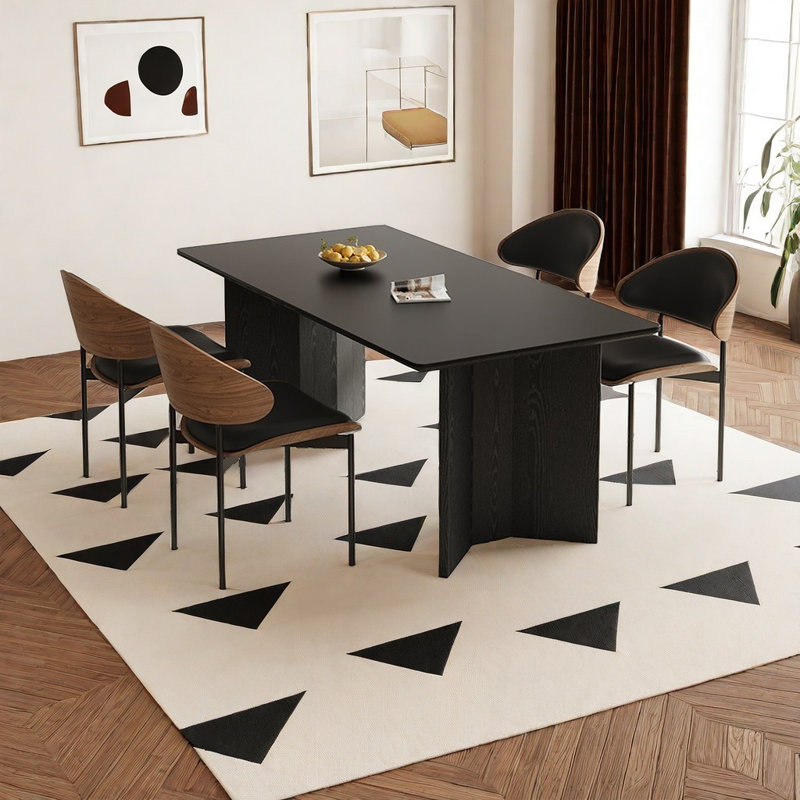 Modern matte pure black rock dining table set, 29.52"H x 62.99"L x 31.49"W