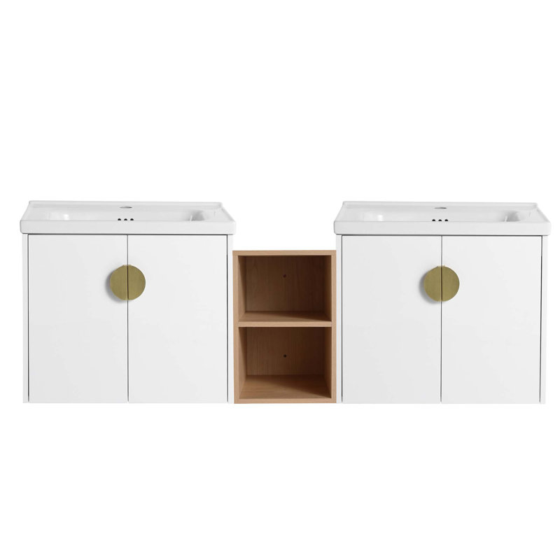 Meuble-lavabo de 60 po avec portes à fermeture en douceur avec lavabo et petites tablettes de rangement.