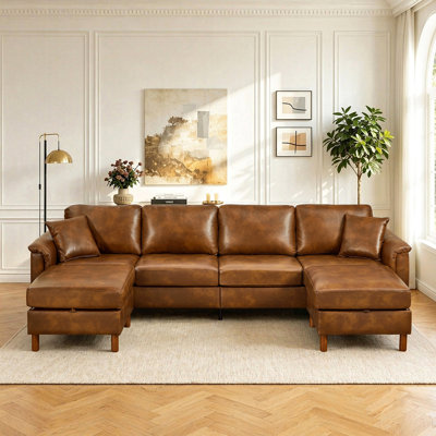 Canapé d'angle de 305 cm avec deux poufs de rangement amovibles, canapé d'angle en similicuir respirant, canapé en similicuir