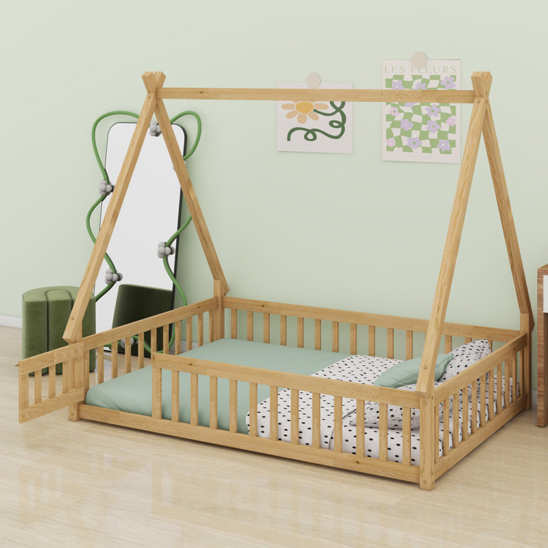 Modern Tent-Shaped Teepee Floor Bed With Guardrails, Slats And Door, Natural, Full