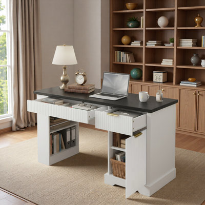 Modern Fluted Office Desk With Storage Cabinet, Drawer, Power Outlet, Pegboard, Built-in Shelves And Keyboard Tray