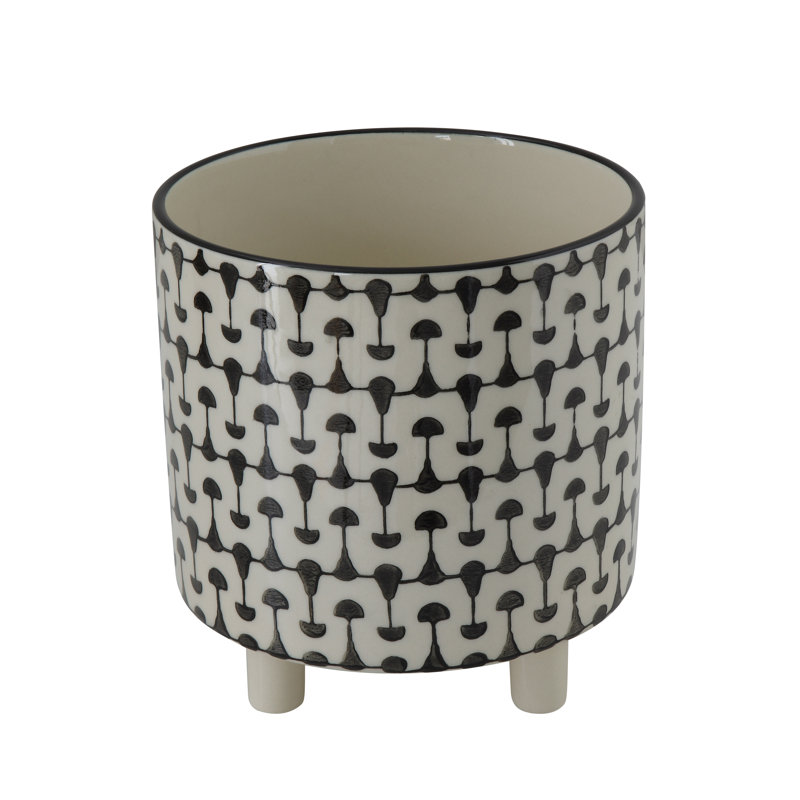 Round Stoneware Planters with Geometric Prints, Black