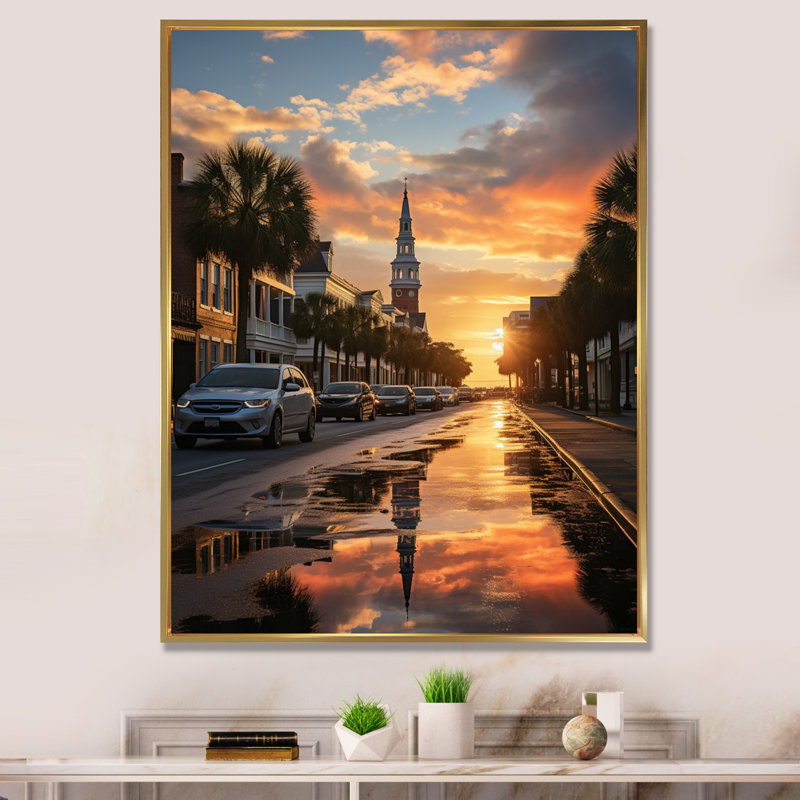 Asheboro Charleston City pendant la reproduction sur toile encadrée, H 32 po x l 24 po x P 1 po, Cadre flottant doré