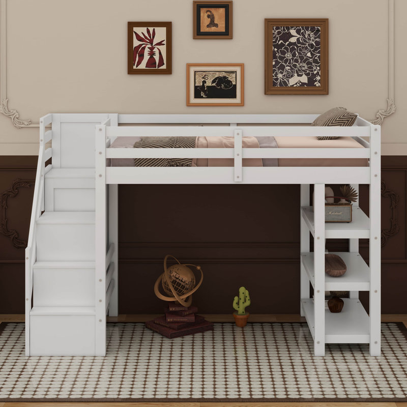 Lit mezzanine simple avec tablettes, escalier de rangement, petite armoire et lumière DEL