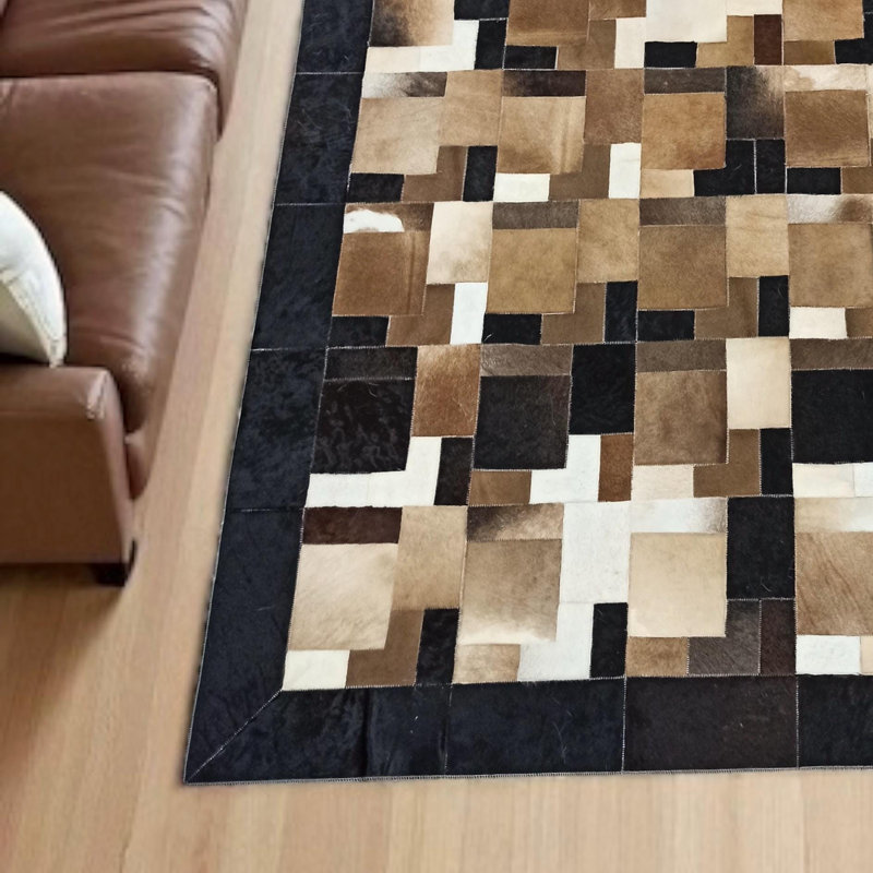 Tapis moderne en cuir de vache patchwork moderne, tapis en cuir véritable fait à la main, Rectangulaire 2 pi x 3 pi