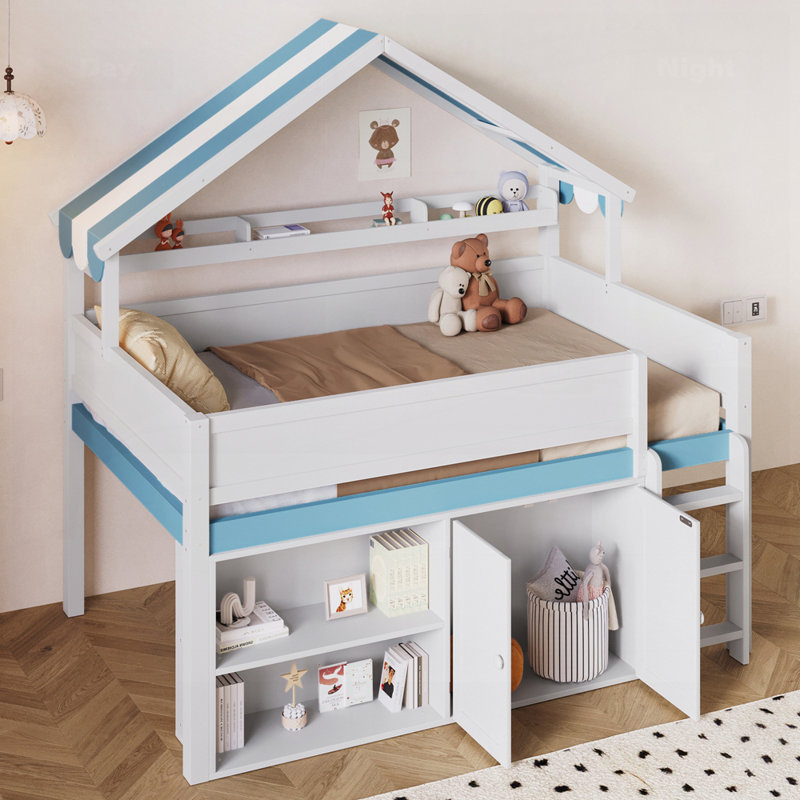 Loft Bed With Canopy Roof And Storage Cabinet, White/Blue