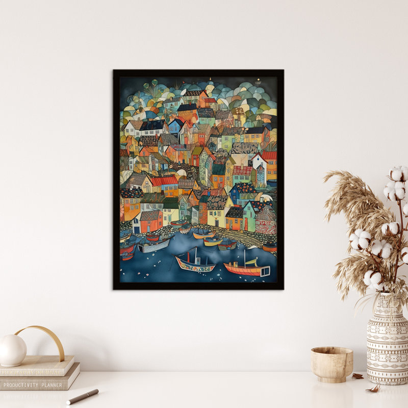 Seaside Town Port Folk Colourful Coastal - Single Picture Frame Print