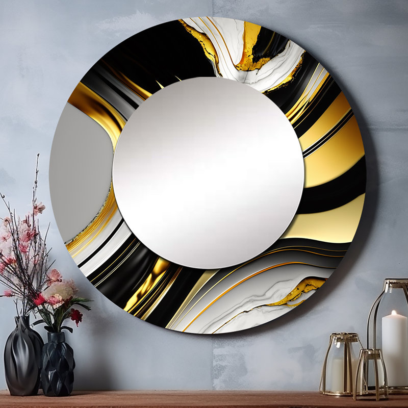 Pastoriza abstrait Geode Marble Waves Gold II - miroir abstrait, miroir mural rond unique moderne, impression sur métal