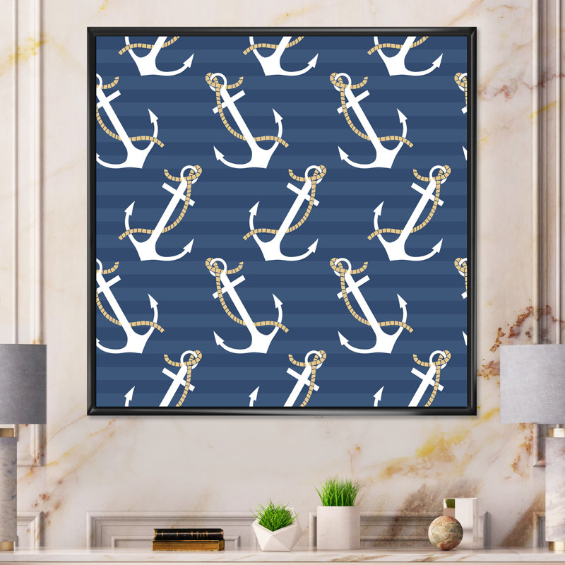 Motif d'ancres - peinture, H 16 po x l 16 po, Cadre flottant noir
