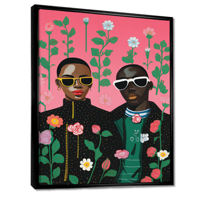 Cool, art urbain africain d'adolescentes fleurs sur fond rose - campagne, art mural de salon